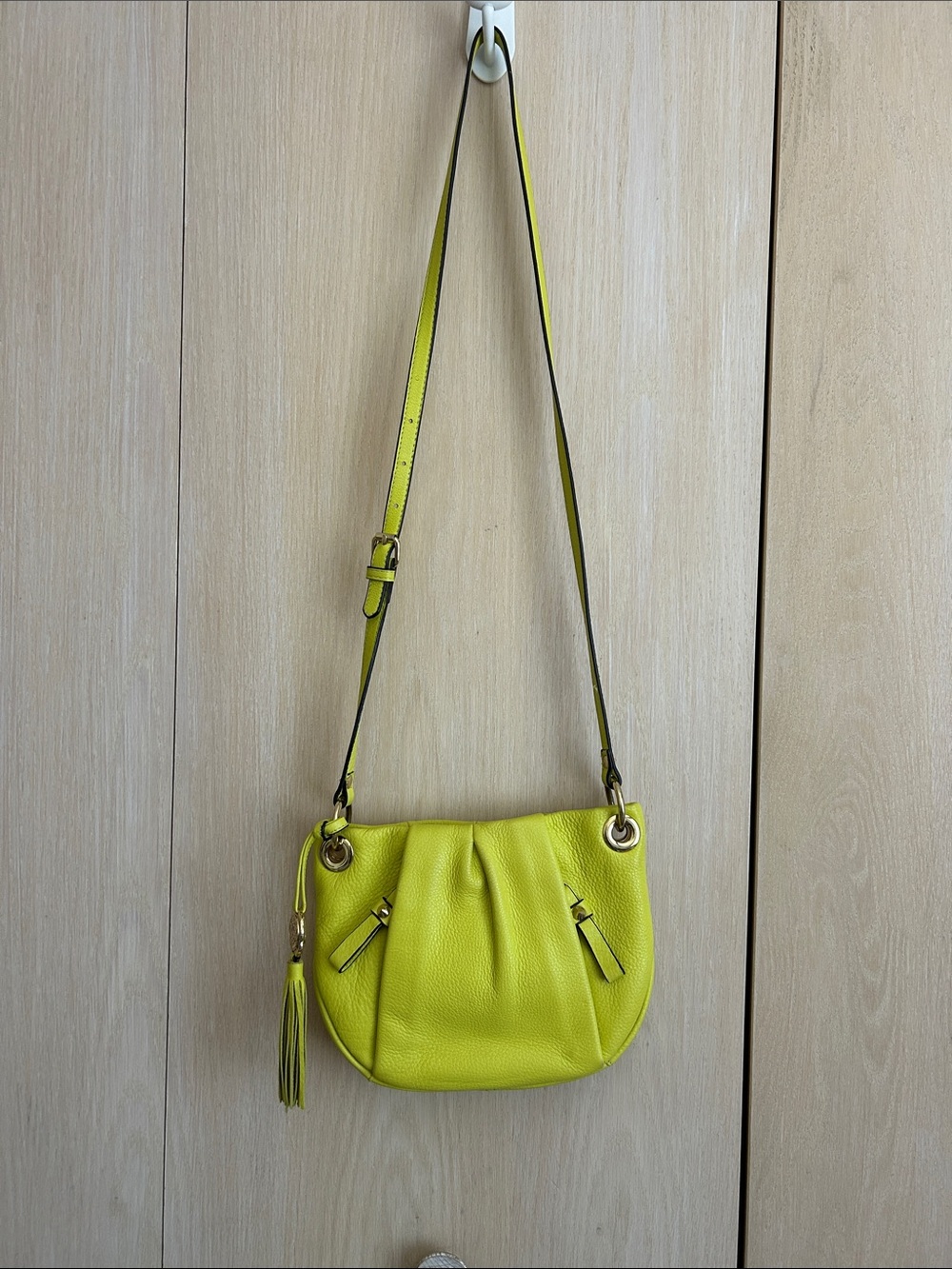 Vince Camuto Lime Yellow Pebbled Leather Crossbody with Tassel